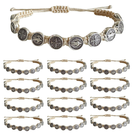 12pcs St Benedict Bracelets Nature Color String Saint Benedict Rosary Bracelet Medalla De San Benito Catholic Gift For Men Women (Nature Color)