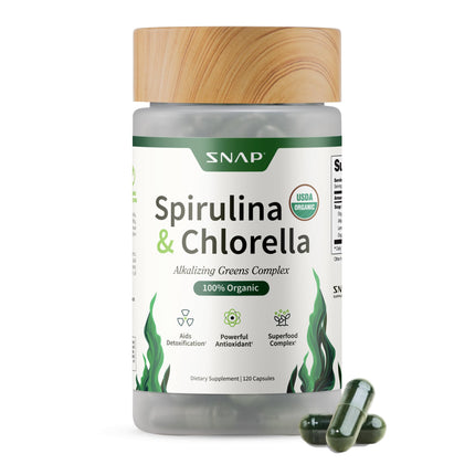 Snap Supplements Organic Spirulina and Chlorella - Protein Rich Blue Green Algae Superfood Supplement for Energy and Immune Support, 120 Vegetarian Capsules (30 Servings, 1 Month Supply)