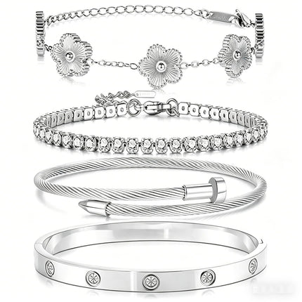 Zesnoy 18K Gold Plated Womens Stackable Floral Silver Clover Bracelets Set Love Bangle Bracelets Non Tarnish, Bracelet Set Trendy Jewelry, Gifts for Women's Day and Mother's Day