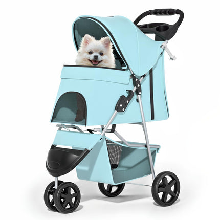 MoNiBloom 3 Wheels Pet Dog Cat Stroller for Small Medium Dogs Cats, Lightweight Foldable Jogger Stroller w/Storage Basket and Cup Holder, Mint Green