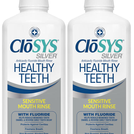 CloSYS Silver Healthy Teeth Anti-Cavity Oral Rinse, 32 Fl Oz (Pack of 2), Fluoride Mouthwash For Adults, Non-Burning, Non-Irritating