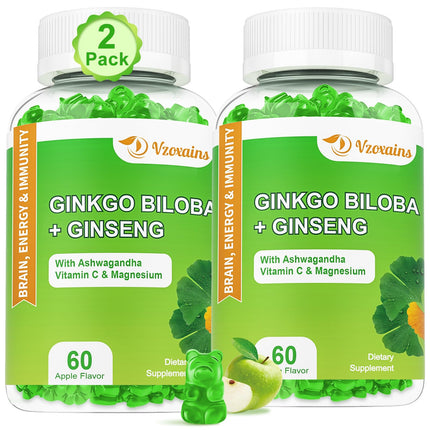VZOXAINS 2 Packs 240mg Ginkgo Biloba Gummies, Supports Healthy Brain Function, Mood and Memory Support for Adults, 120 Cts