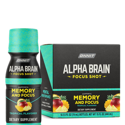 ONNIT Alpha Brain Focus Shot, Tropical Flavor, Nootropic Dietary Supplement Drink that Supports Energy, Focus, and Mood, IGEN™ Non-GMO Tested, 2.5 fl oz, 6 Count