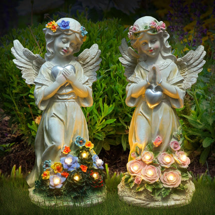 Kssiaz Angel Garden Statue 2Pcs,Love Heart Solar Decor with Warm Light