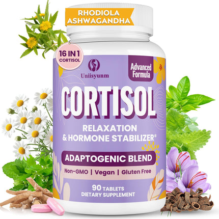 Uniisyunm Cortisol Supplements for Women, 16 in 1 Cortisol Reducer Manager with Magnesium, Ashwagandha, Rhodiola & Probiotics, Cortisol Detox for Women, Hormone Balance, Mood & Digestion, 90 Tablets