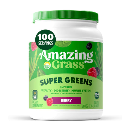 Amazing Grass Greens Blend Superfood: Super Greens Powder with Spirulina, Chlorella, Beet Root Powder, Digestive Enzymes, Prebiotics & Probiotics, Berry, 100 Servings (Packaging May Vary)