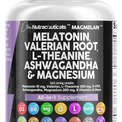 Clean Nutraceuticals Melatonin 10mg Valerian Root L Theanine 200mg Ashwagandha - Sleep Support for Women & Men with Magnesium Complex, Lemon Balm, Chamomile, & Passion Flower - 60 Caps