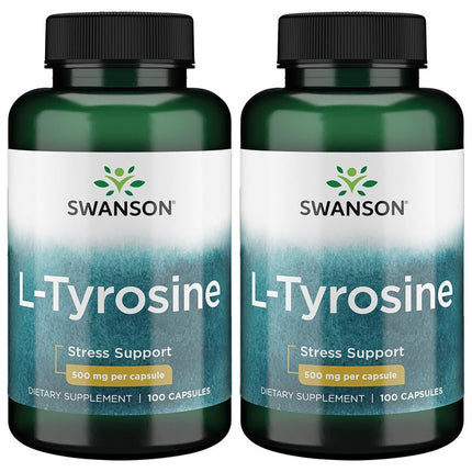 Swanson L-Tyrosine - Amino Acid Supplement Promoting Stress Support, Cognitive Function, and Mental Clarity - Helps Support Overall Brain Health - (100 Capsules, 500mg Each) (2 Pack)