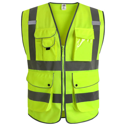 JKSafety 9 Pockets Class 2 High Visibility Zipper Front Safety Vest With Reflective Strips, Yellow Meets ANSI/ISEA Standards (3X-Large-150-Yellow)