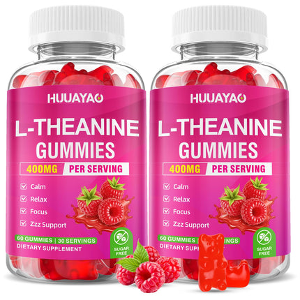 HUUAYAO L-Theanine Gummies 400mg, L-Theanine Supplement for Kids & Adults with Ashwagandha, GABA, 5HTP for Calm, Zzz & Relaxation Support, Raspberry Flavor, 120 Counts
