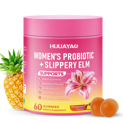 HUUAYAO Feminine Probiotics Gummies - Women's Probiotic Slippery Elm Gummies, Sugar-Free, Pineapple Flavor, 60 Count