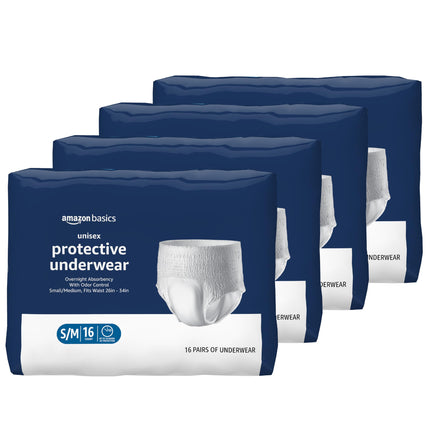 Amazon Basics Unisex Protective Overnight Incontinence Underwear with Odor Protection, Small/Medium, 64 Count (4 Packs of 16)