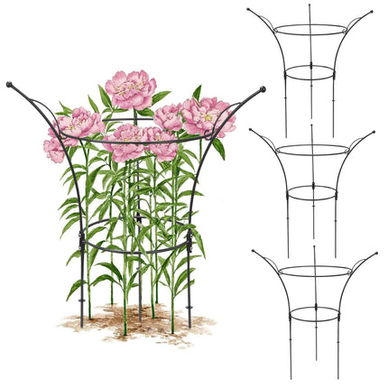 HEYTIMI 4 Pack Peony Cages and Supports Cages 13" D x 22.8" H Heavy Duty Metal Support Frame for Peonies & Roses Natural Bouquet Shape Garden Stakes for Outdoor Plants Flowers Ornamental (Black)