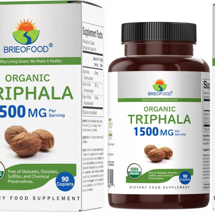 Brieofood Organic Triphala 1500mg, 45 Servings, Vegetarian, Gluten Free, 90 Vegetarian Tablets (Pack of 2)