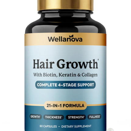 Wellanova Women's Hair Growth Supplement – Biotin 10,000mcg with Keratin, Collagen & Ashwagandha – 21-in-1 Hair Vitamins for Women & Men – Thickness, Strength & Fullness – 60 Capsules