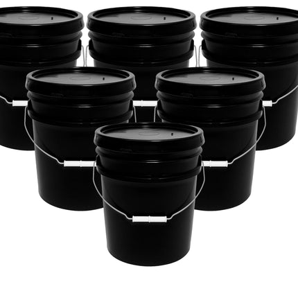 MKS Plastics 5-Gallon Bucket with Airtight Lid – Made in USA, Food Grade BPA Free Plastic, Heavy Duty Multi-Use, Metal Handle with Grip, Stackable Storage – Black, 6 Pack