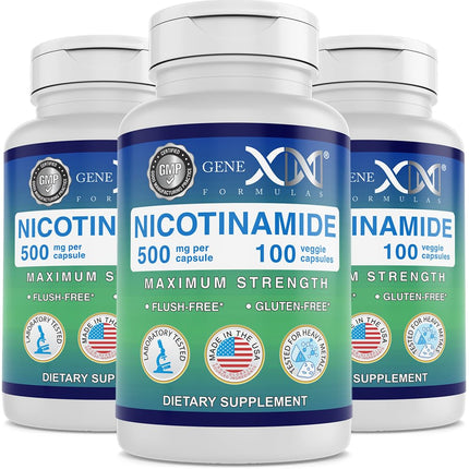Genex Formulas Nicotinamide 500mg (3-Pack) Vitamin B3 Flush Free Niacin Capsules for Healthy Skin - Niacinamide Supplement Pills help Produce Keratin & Support Skin Cell Health & Energy (300 Capsules)