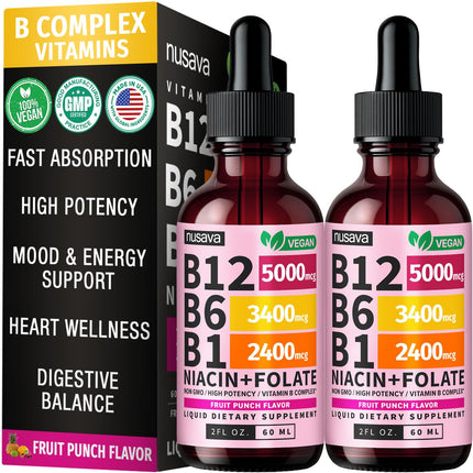 (2 Pack) Vitamin B12 and B6 Liquid Drops, B12 Sublingual Vitamin B Complex - B 12 Vitamin 5000mcg - B12 Methylcobalamin for Energy, Brain, and Heart Support with 27,200 mcg, Fruit Punch, 80 Servings