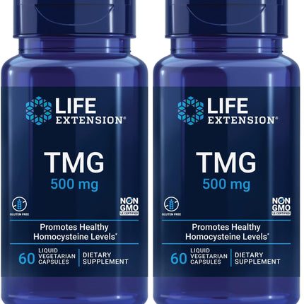 Life Extension TMG 500 mg – Trimethylglycine Supplement – Encourages Healthy Homocysteine Levels – Gluten-Free – Non-GMO – Vegetarian – 60 Liquid Vegetarian Capsules (Pack of 2)