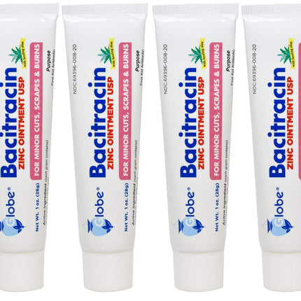 Globe Bacitracin Zinc Ointment with Aloe, Antibiotic Ointment, 4 Pack 1 oz