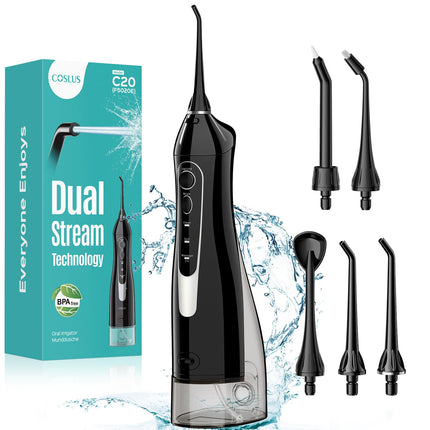 COSLUS Water Dental Flosser Teeth Pick C20: Portable Cordless Oral Irrigator 300ML Rechargeable Travel Irrigation Cleaner IPX7 Waterproof Electric Flossing Machine for Teeth Cleaning