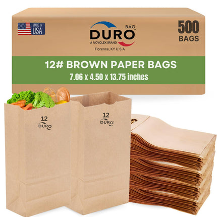 DURO 18412 12# Large Brown Paper Bags, 7.06 x 4.5 x 13.75 Inches, 500 Ct