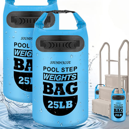 2 Pack 25lb Heavy Duty Pool Ladder Weights, Universal Above Ground Pool Step Sand Bags with Handles, 500D PVC Durable Waterproof & Foldable Sandbags for Swimming Pool Stairs (Sky Blue)