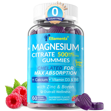 Sugar Free Magnesium Citrate Gummies 500mg for Women Men, Chelated Magnesium Supplement with B6 for Constipation | Calm Magnesium Gummies for Mood | Calcium Magnesium Zinc D3 for Bone & Muscle, 60cts