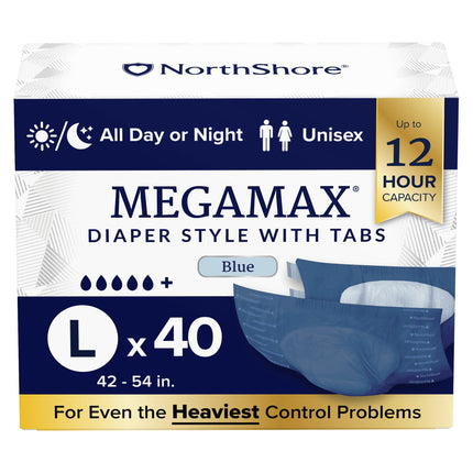 NorthShore MegaMax 12-Hour HBL Adult Diapers for Heavy Bladder Leaks, Large, 40 Count, Blue, 42-54 inches, Tab-Style Incontinence Underwear for Men, Women & Teens