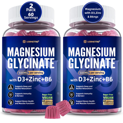 Magnesium Glycinate 500mg/250mg for Adults Teens - Plus D3,B6 & Zinc - Magnesium Glycinate Gummies,High Absorption - Support for Relaxation,Brain,Bone & Immunity Health - Sugar Free - 120Cts