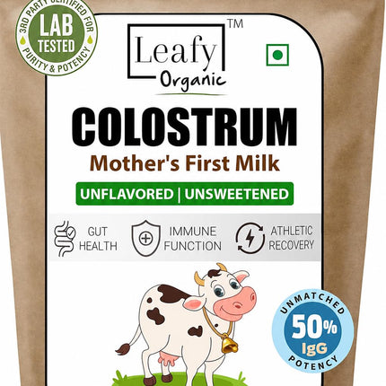 Leafy Organic Colostrum Powder Supplement for Gut Health, Immune Support, & Overall Wellness, 50% IgG, 6-Hour Colostrum Supplement, 100% Pure, Unflavored (100Gram) 3.5oz