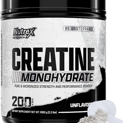 Nutrex Research Micronized Creatine Monohydrate Powder - 200 Servings (1KG) Pure, Unflavored Creatine Monohydrate Supplement for Muscle Gain, Strength and Performance, 5G Per Serv (2.2lbs)