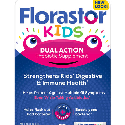 Florastor Kids Dual Action Probiotic Supplement, Strengthens Kids' Digestive & Immune Health, 20 Easy-to Mix Powder Sticks, Packaging May Vary