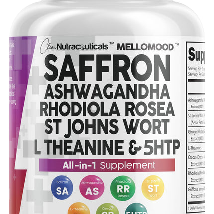Clean Nutraceuticals Saffron Supplements Extract 100mg + Ashwagandha L-Theanine 200mg - Mood Support Ginkgo Biloba, St. John's Wort, Rhodiola Rosea & 5-HTP Capsules Pills Men Women