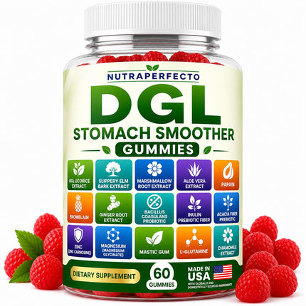 Sugar Free DGL Stomach Smoother Gummies with DGL Licorice, Slippery Elm, Marshmallow Root, Aloe Vera, Probiotic & Prebiotic Fiber, Ginger, Mastic Gum, L-Glutamine, Zinc Carnosine, Digestive Support