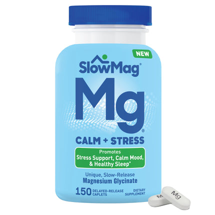 SlowMag Magnesium Glycinate Caplets, 150 Count, Slow-Release, Calm & Stress Support, Healthy Sleep, Gentle on Stomach, Magnesium Glycinate Supplements for Women & Men