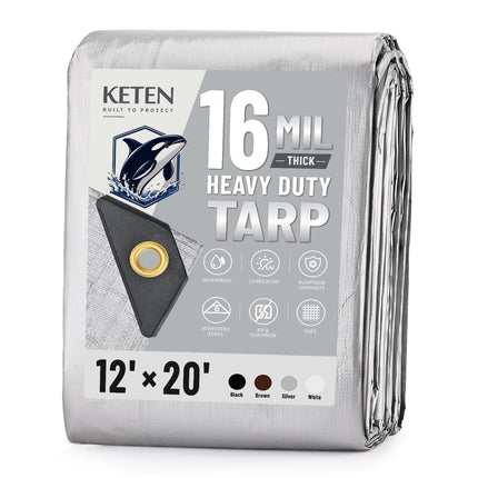 Keten Tarps Heavy Duty Waterproof 12x20 Feet, Extra Thick 16 Mil, Tear & Fade Resistant, UV Blocking, Outdoor Tarp with Reinforced Grommets for Roof, Camping, Patio, Pool, Boat (Silver)