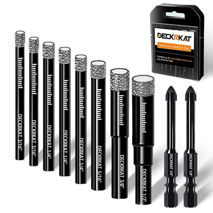 DECKRKAT 10-Piece Dry Diamond Drill Bits & TileDrill Bits - 3/16"(x2), 1/4"(x3), 5/16", 3/8", 1/2" + 1/4"(x2) Masonry Bit for Tile,Ceramic, Porcelain,Marble,Granite.