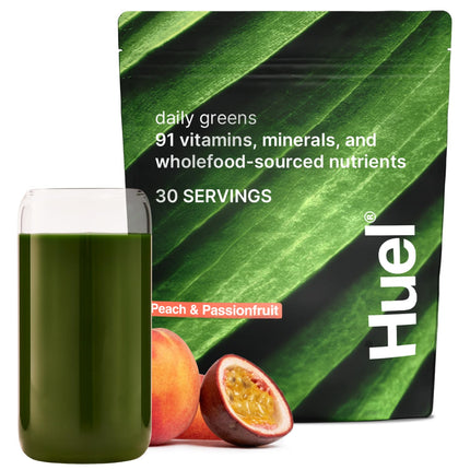 Huel Daily Greens Peach Passionfruit | Superfood Greens Powder | 91 Vitamins, Minerals, and Wholefood-Sourced Ingredients | Adaptogens, Antioxidants, Gut-Friendly Probiotics | 30 Servings