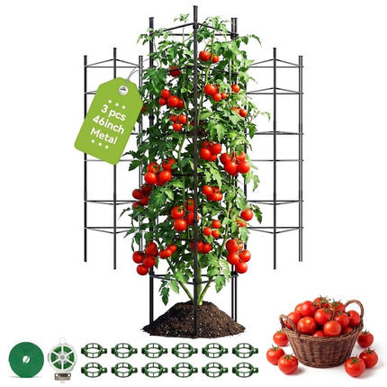 46 Inch Heavy Duty Metal Tomato Cage for Garden - 3 Pack Metal Steel Tomato Cages, Panel-Assembled Garden Trellis, Flexible Shapes Plant Support Set, Rustproof Stackable Trellis for Climbing Plants