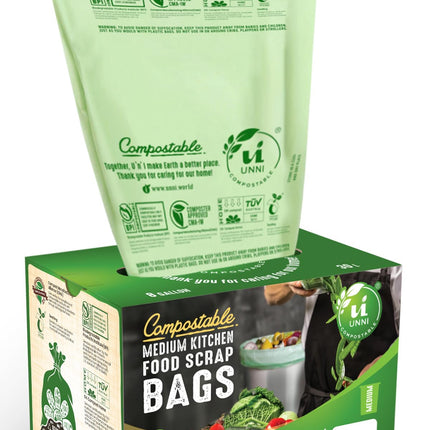 UNNI Compostable Trash Bags, 8 Gallon / 30 Liter, 50 Count, Extra Thick 0.85 mil Medium Kitchen Food Scrap Bin Liners, Certified by BPI, CMA & OK compost HOME, Meets the ASTM D6400 Standard
