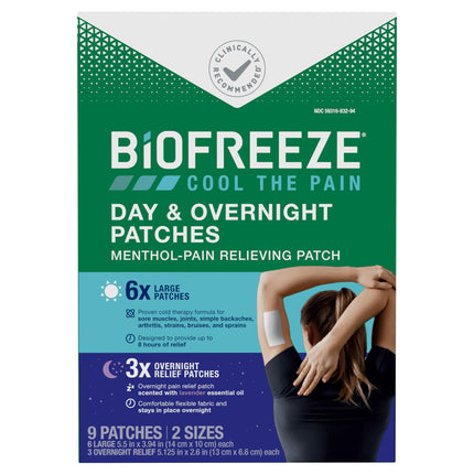 Biofreeze Day & Overnight Pain Relief Patches, Menthol Pain Patches for Arthritis & Muscle Pain Relief, Comfortable & Flexible Fabric Stays in Place, 9 Patches (6 Day, 3 Night)