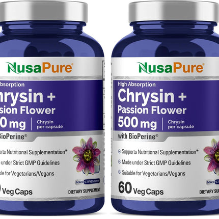 NusaPure Chrysin 500mg, 60 Veggie Capsules | Passion Flower Complex 500mg Supplement | 5, 7-Dihydroxyflavone | Concentrated Extract | Non-GMO, BioPerine (Pack of 2)