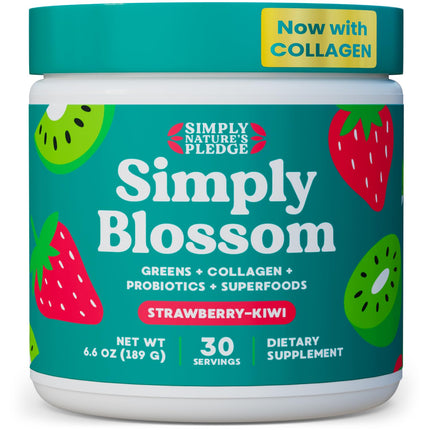 Simply Blossom Nutrition Daily Greens & Superfood Powder + Collagen + Probiotics for Women's Digestive Health & Bloating Relief. Help Your Health Bloom - 30 Day Supply - Strawberry Kiwi
