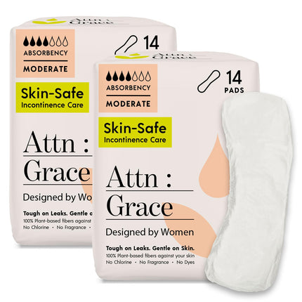 Attn: Grace Moderate Incontinence Pads for Women, 2-Pack (56 Pads Total / 28 per Pack) - Plant-Based, High Absorbency, Breathable - Incontinence Pads for Moderate Bladder Leaks & Sensitive Skin