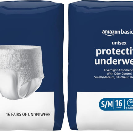 Amazon Basics Unisex Protective Underwear, Overnight Absorbency, Small/Medium, 16 Count (Pack of 2)