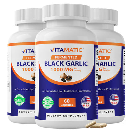 Vitamatic 3 Pack Fermented Black Garlic Extract 1000 mg 60 Capsules - Non-GMO, Gluten Free - (Total 180 Capsules)