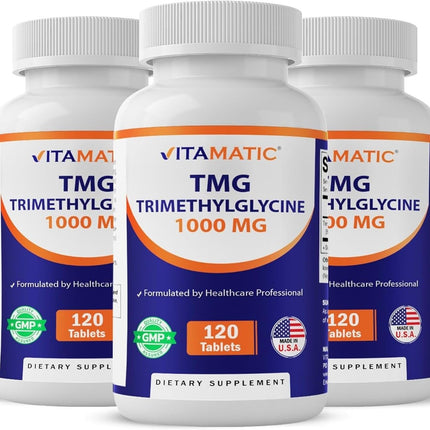 Vitamatic TMG Supplements 1000mg - Trimethylglycine - Betaine Anhydrous - 120 Tablets - 120 Servings - Non-GMO & Gluten Free (3 Bottles)