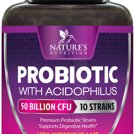 Probiotics for Digestive Gut Health - 50 Billion CFU Per Capsule, 10 Premium Strains & Prebiotics - Best Probiotics for Women & Men, Occasional Constipation, Gas, Immune Health Support - 180 Capsules