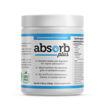 Absorb Plus Isolate Protein - Diet Supplement for Improved Gut Health, Extra Nutritional Support, Non-GMO, Gluten-Free, Lactose-Free, Casein-Free (100 g, Unsweetened Chocolate)